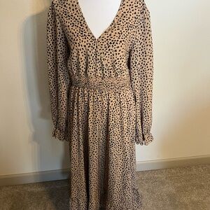 SHEIN Beige Leopard Print Long Sleeve V-Neck Smocked Waist Dress